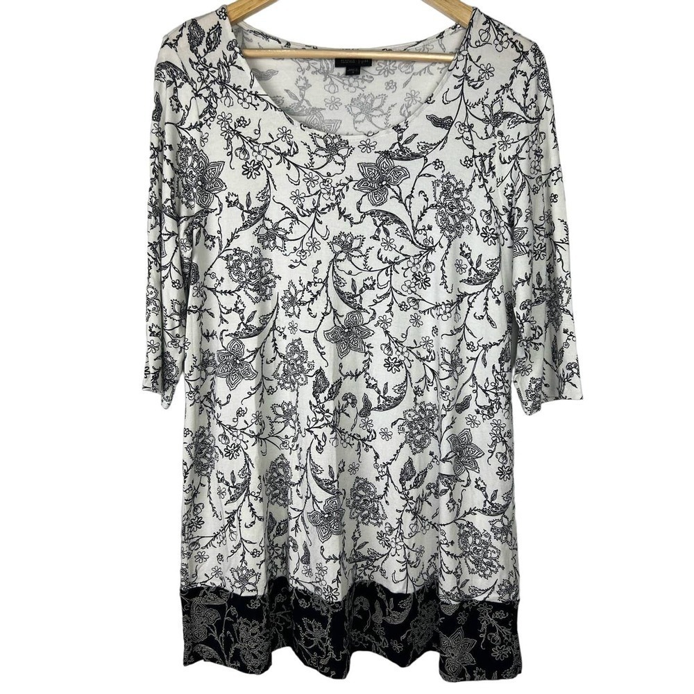 J JILL WEAREVER COLLECTION Black and White Floral Tunic Blouse Size Medium